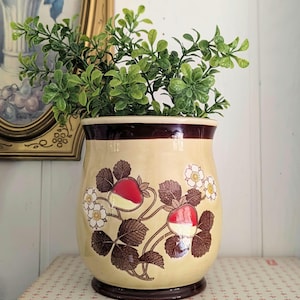 1970s Vintage Strawberry Blossom Canister with No Lid, Ceramic Planter Pot Made in Japan, Tan Brown Red, Fruit and Florals