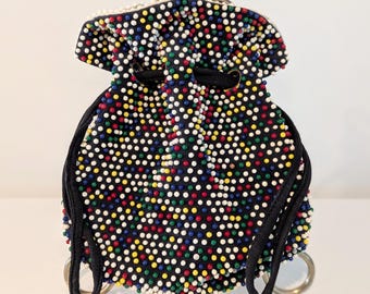 1960s Vintage Beaded Cinch Bag: Black Fabric With Pastel Beads - Etsy display picture 1