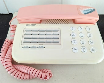 Vintage Telephone, Sharp 1980s Pink and Cream Landline Corded Tabletop Phone, WORKS, Model TP-200