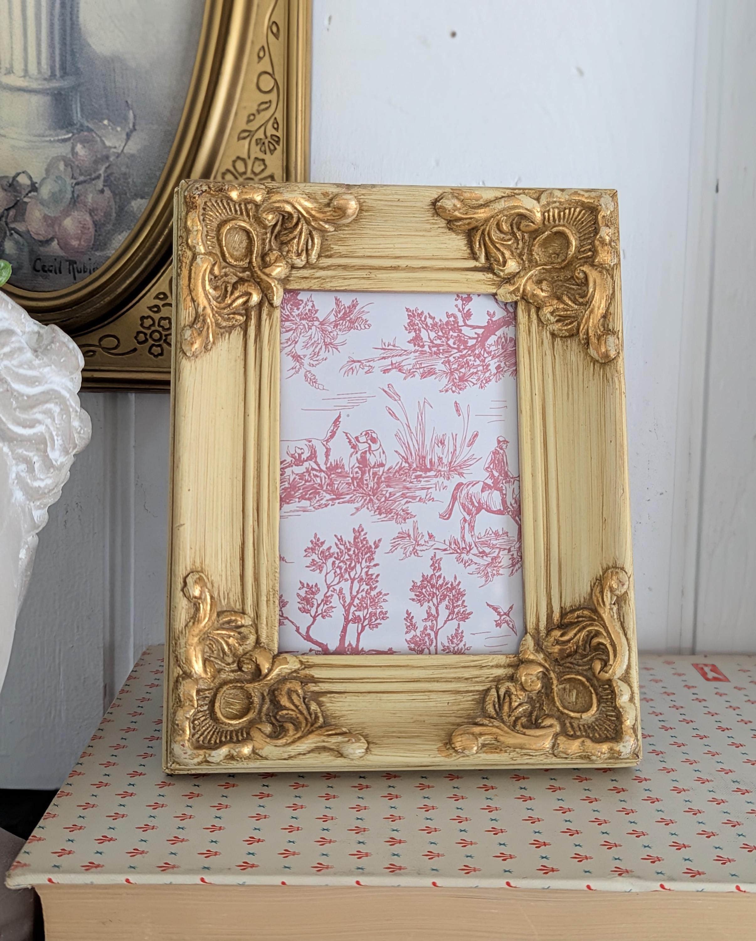 MCM Vintage 3x5 Ornate Gold and Ivory Picture Frame, Wall Hang and