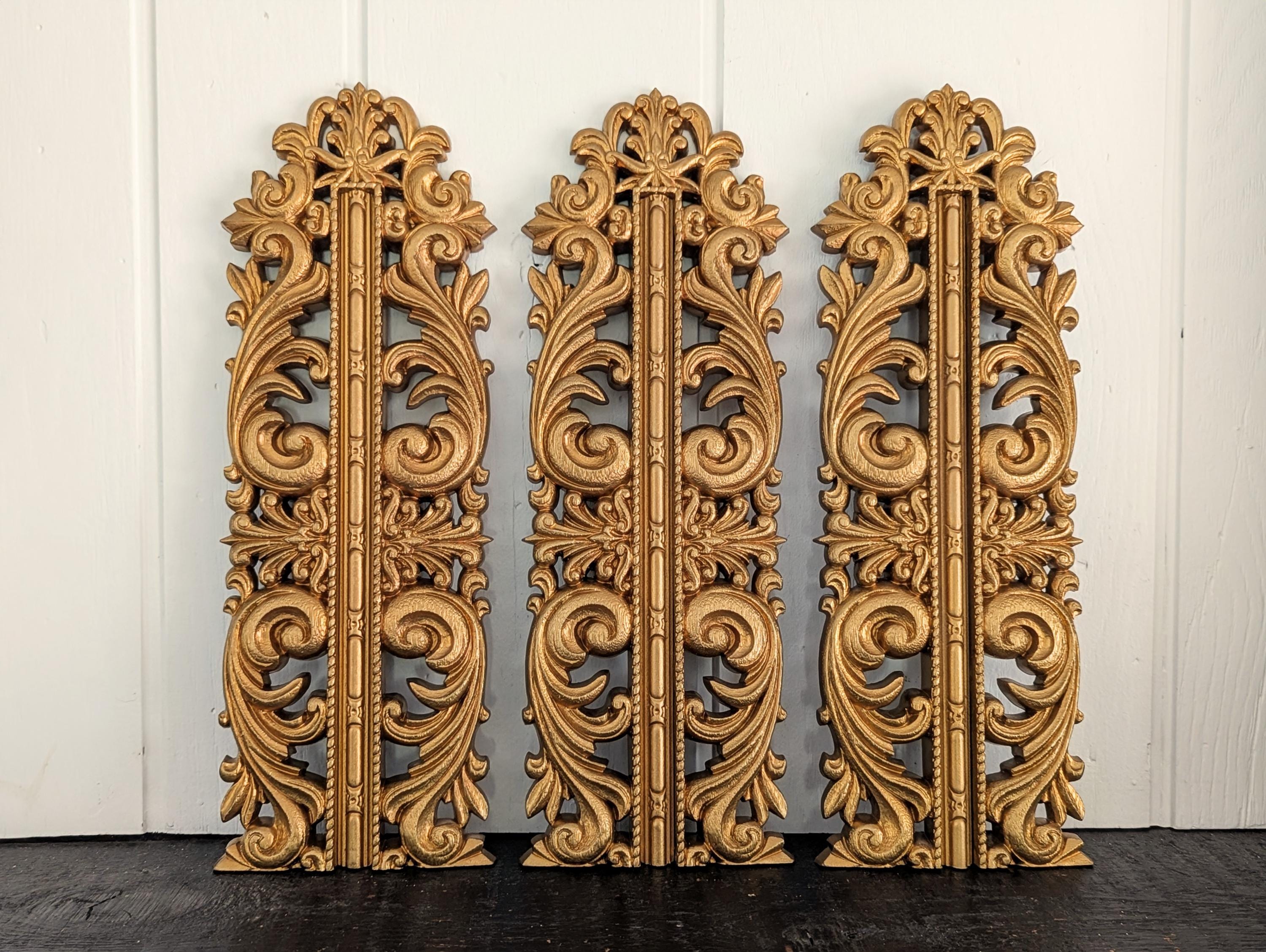 Set of 3 MCM Vintage Ornate Gold Wall Plaques, Syroco/Homco Style, Mid Century Wall Art/Hollywood Regency/Victorian/Art Deco/Antique