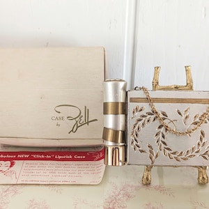 1950s Vintage Zell Fifth Ave Minaudiere Case with Gold Chain in Original Box, Powder Compact Mirror, Lipstick and Money, Coin Holder/MCM