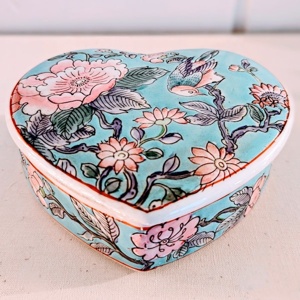 Vintage Porcelain Turquoise and Pink Heart Shaped Jewelry Box/Trinket Dish, Birds and Flowers, JC Penney/Cottage/Chinoiserie