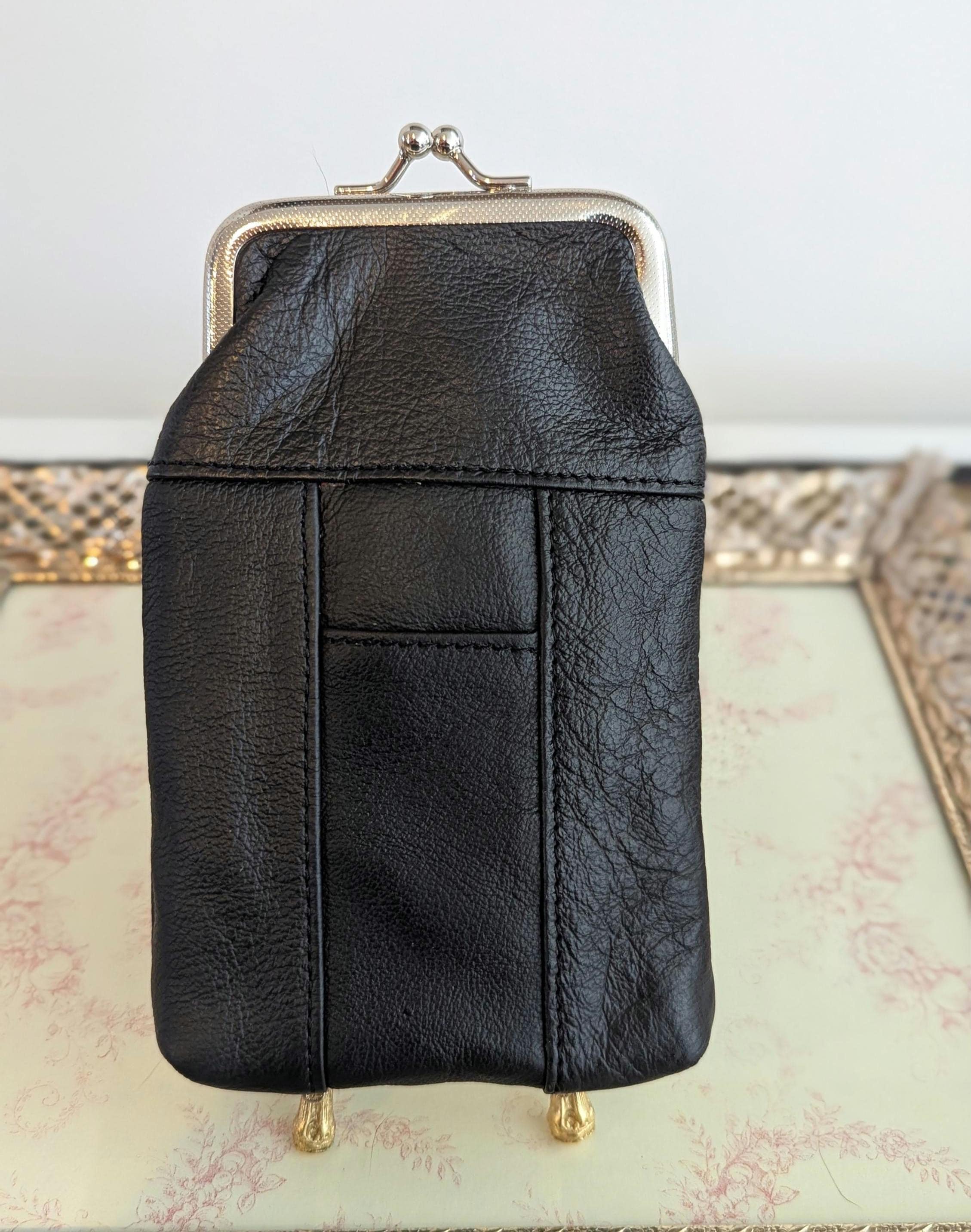 NOS Vintage Genuine Leather Black Cigarette Case With Lighter Pockets and  Silver Tone Kiss Lock Clasp, Unused