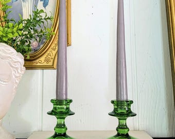 Pair of Antique Green Depression Glass Taper Candlestick Holders, Vintage Green Glass, Round Base