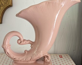 1940s 1950s Vintage Pink Ceramic Horn of Plenty Vase, Cornucopia