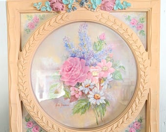 1980s Vintage Ava Freeman Framed Floral Rose Bouquet Art, 13.5&quot; Homco Style Peach Frame With Bow Detail, Pink Blue White/Vintage Art/Syroco