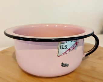 Rare Pink Enamelware Handled Basin, Pink and Black Pot