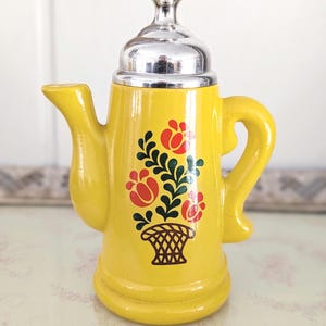 1970s Vintage Avon Yellow Teapot Perfume Bottle With Orange Floral Design/Flower Power/Vintage Vanity/Vintage Kitchen/Yellow Kitchen/MCM