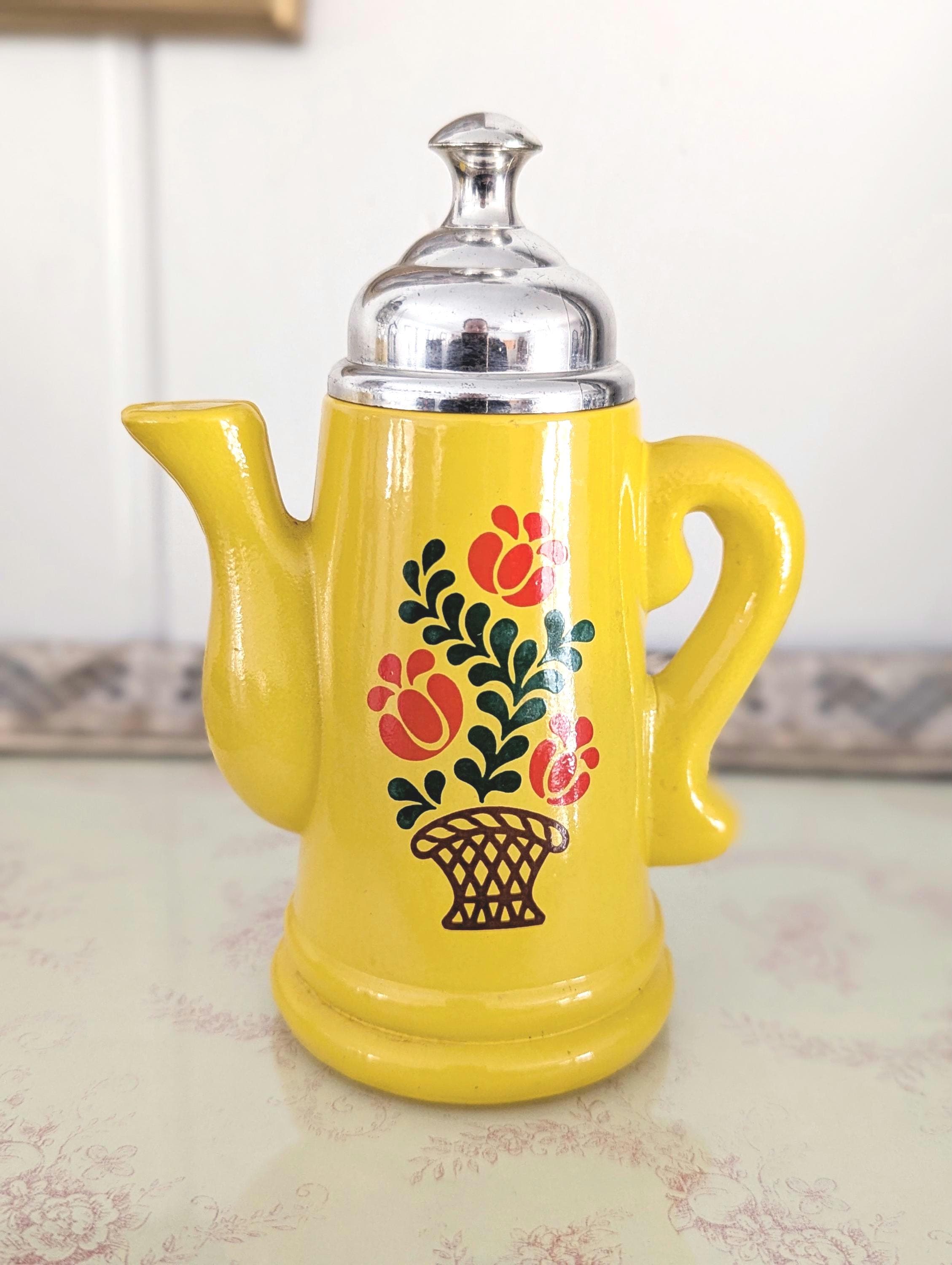 1970s Vintage Avon Yellow Teapot Perfume Bottle With Orange Floral