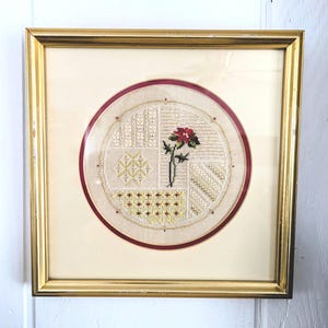 Vintage Gold Framed Needlepoint Wall Art, Burgundy and Ivory Floral and Geometric Pattern, Round Burgundy Mat, Square/1990s