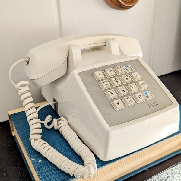 Vintage Desk Telephone, AT&T Traditional 100, Creamy White, Push Button, Corded/Vintage Phone/Prop/Vintage Decor
