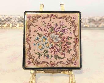 MCM Vintage Floral Tapestry Fabric Powder Compact Mirror with Puff and Sifter, 1950s/40s Mid Century Makeup/Vanity/Travel