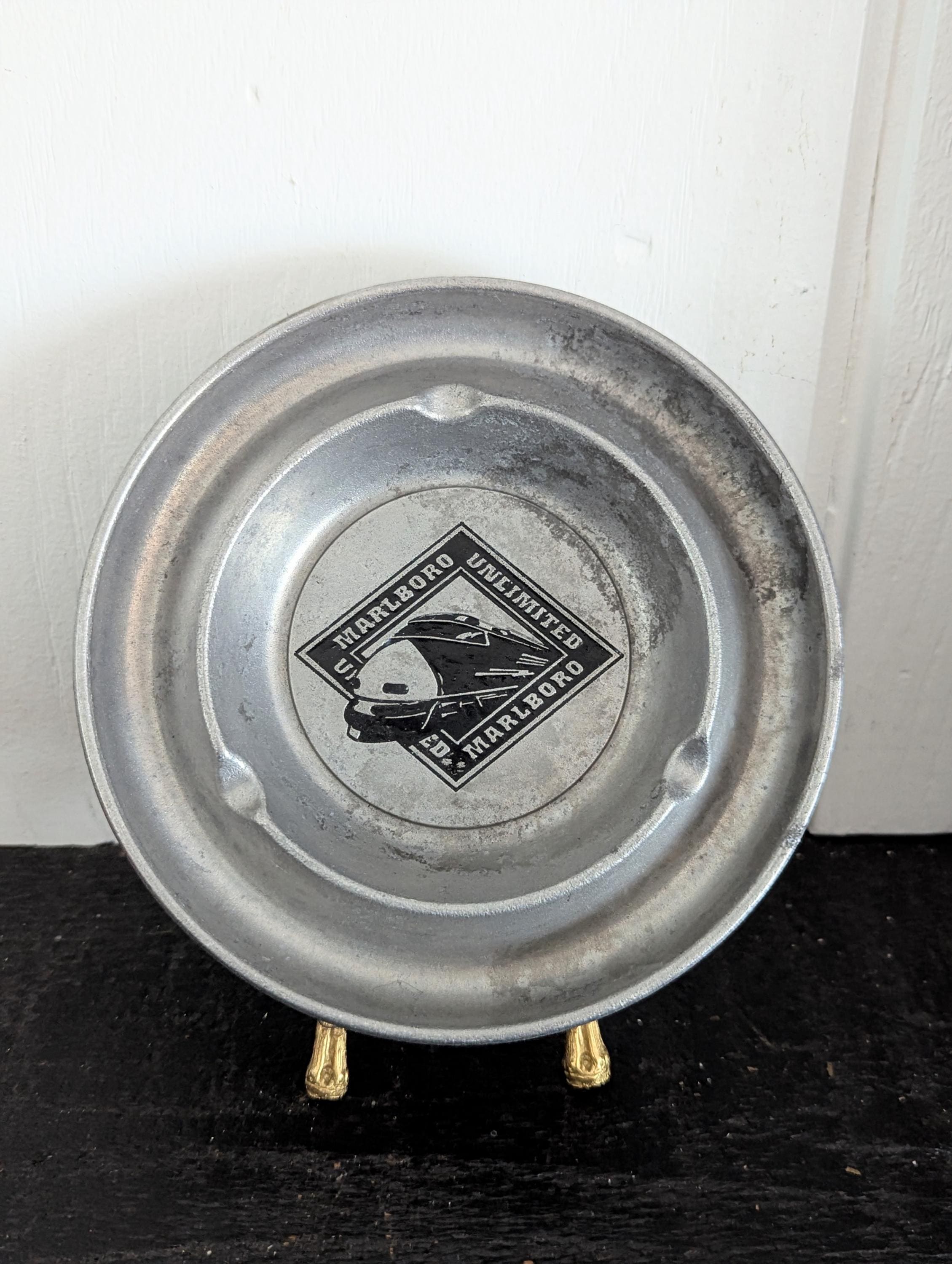 1990s Vintage Marlboro Unlimited Round Silver Tone Metal Ashtray