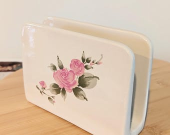 Vintage Gibson Roseland Stoneware Napkin Holder, Pink Roses, Discontinued/Vintage Kitchen/Cottagecore/Mail Holder