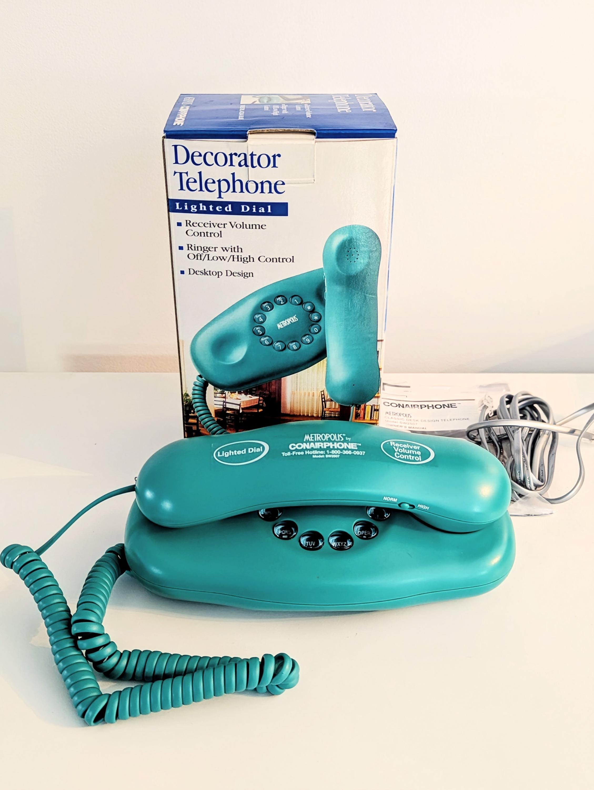 1990s Vintage NOS Turquoise Metropolis by Conair Desk Telephone