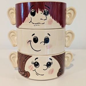 3 Piece Vintage Soupers Stacking Soup Bowls, 14oz, Face and Ears, Ceramic Made in Japan, Rare Eclectic MCM/Vintage Kitchen/1960s 1970s Cozy