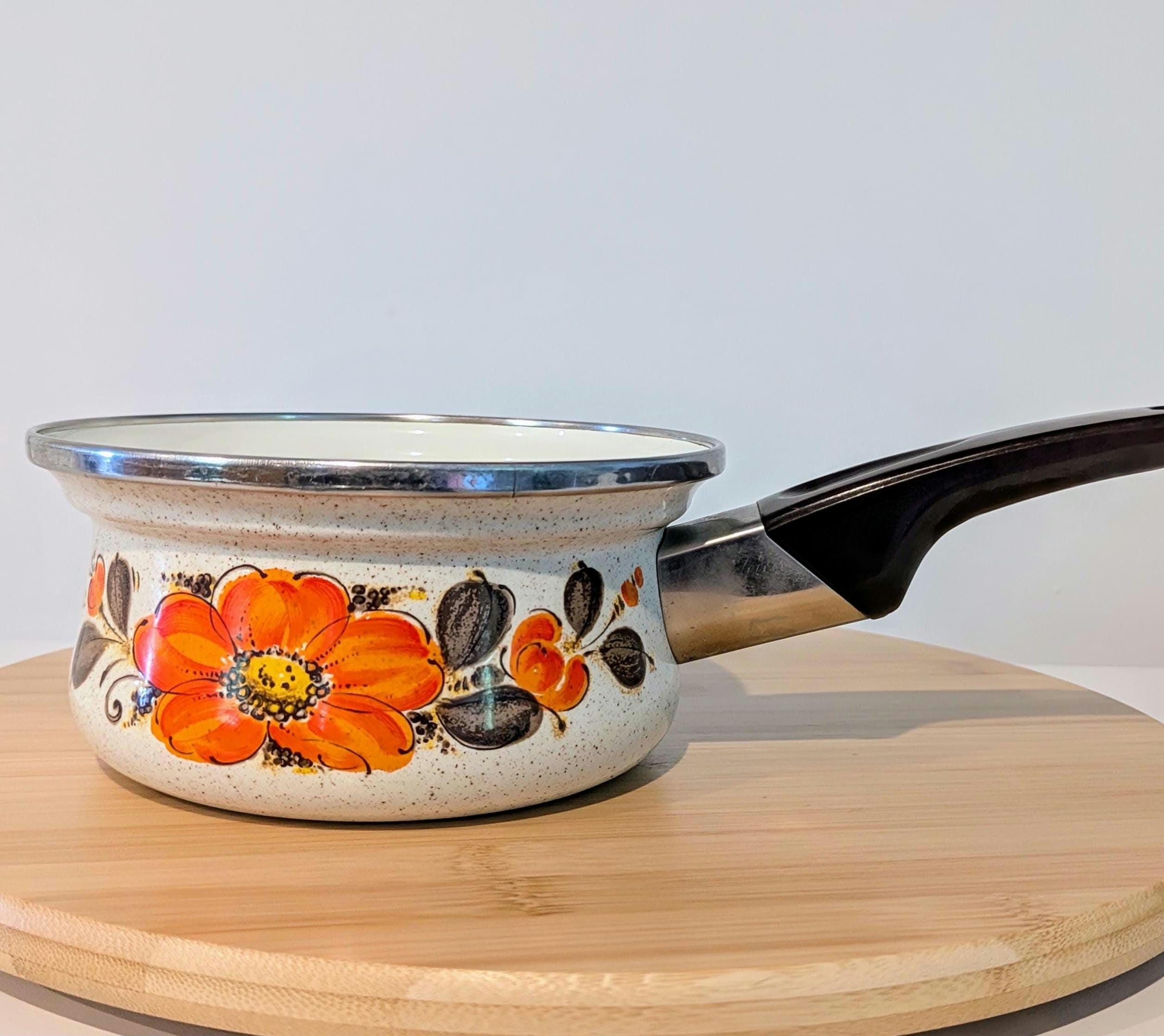 1970s Vintage Sanko Ware Japan Enamel Saucepan, Orange Poppies