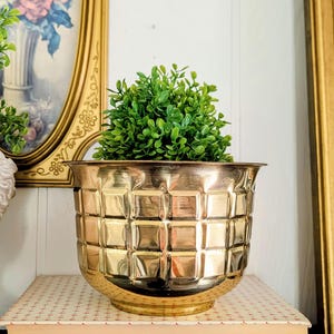 Vintage Solid Lacquered Brass Swirl Planter with Embossed Checkered Pattern, Made in India/1980s 1990s