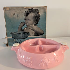 1940s Vintage Hankscraft Pink Baby Food Warming Bowl in Original Box, Ceramic, USA Pottery/Vintage Baby