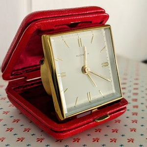 Vintage Travel Alarm Clock, Red Genuine Leather Case by Bucherer, Swiss Made