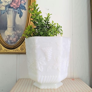 MCM Vintage Anchor Hocking Fire-King White Milk Glass Planter, Embossed Grape Leaves 7"