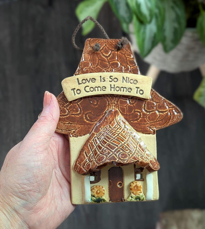 Vintage Ceramic Mushroom House Wall Hanging/Wall Plaque Love Is So Nice To Come Home To/Boho/Cottagecore