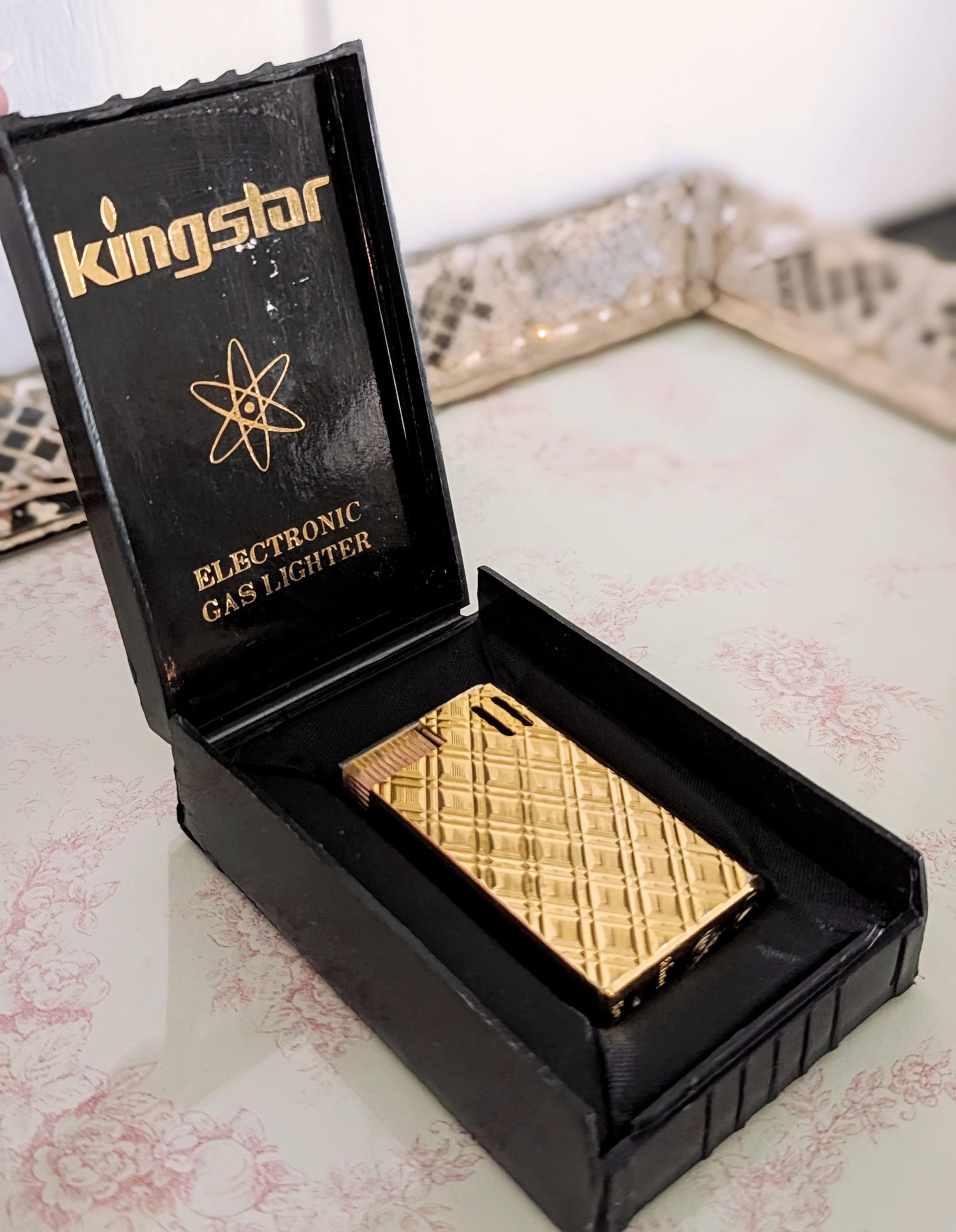 Vintage Kingstar Electronic Gas Lighter in Original Case, Etched 