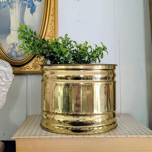 May include: A cylindrical brass planter with a polished finish and visible signs of oxidation along the bottom rim. The container holds a small, vibrant green artificial plant with numerous tiny leaves extending from the top opening.