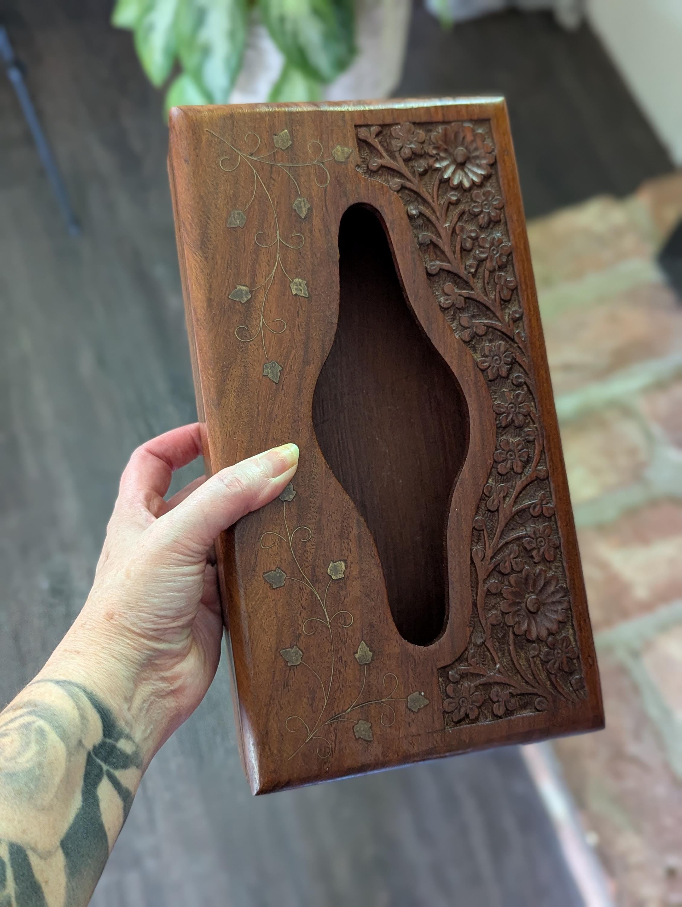 Vintage Brown Wood Carved Florals Tissue Box Holder, Kleenex, Napkin Holder, Bohemian/India