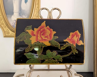 MCM Vintage Japanese Black Lacquer Jewelry Box, Rose Design and