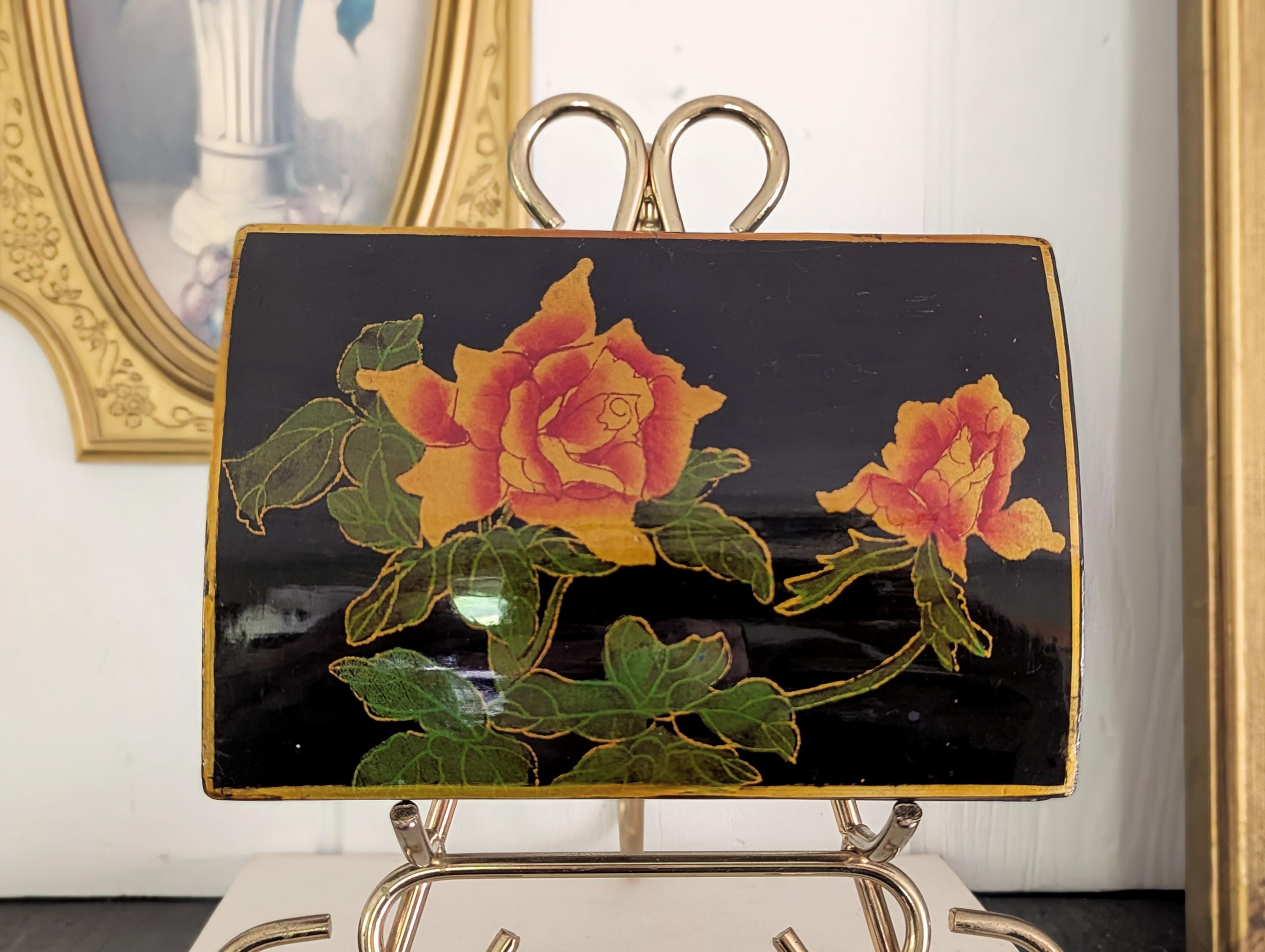 MCM Vintage Japanese Black Lacquer Jewelry Box, Rose Design and
