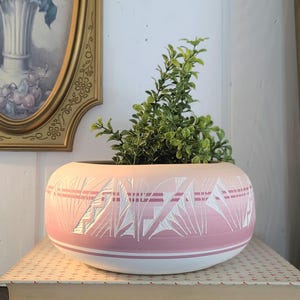 May include: A round, pink and white ceramic planter with a geometric design. The planter is filled with green leafy plants. The planter has a white base and a pink top with a white geometric pattern. The planter is sitting on a stack of books.