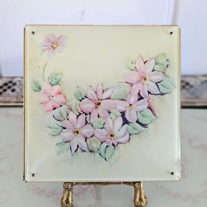 1950s Vintage Large Lucite Powder Compact Mirror, Rex Fifth Avenue, With Puff and Sifter, Pink and Green Floral Watercolor/Vintage Makeup