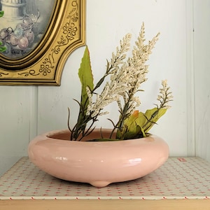 May include: A low, round, pale pink ceramic bowl with a smooth, glossy finish and small feet. The bowl contains several stems of artificial white, feathery floral plumes and green leaves, creating a simple, decorative arrangement for a tabletop.