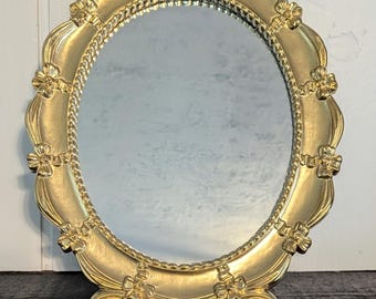 1943 Vintage Syroco Ornate Gold Oval Mirror, Bow Detail, Tabletop Vanity Mirror/1940s 1950s/MCM Mid Century/WWII/Victorian/Antique