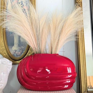 May include: A vibrant red, oval-shaped ceramic vase with a glossy finish. The vase features a textured, ridged design and is filled with tall, feathery, beige-colored ornamental grass. The vase is displayed on a stack of books.