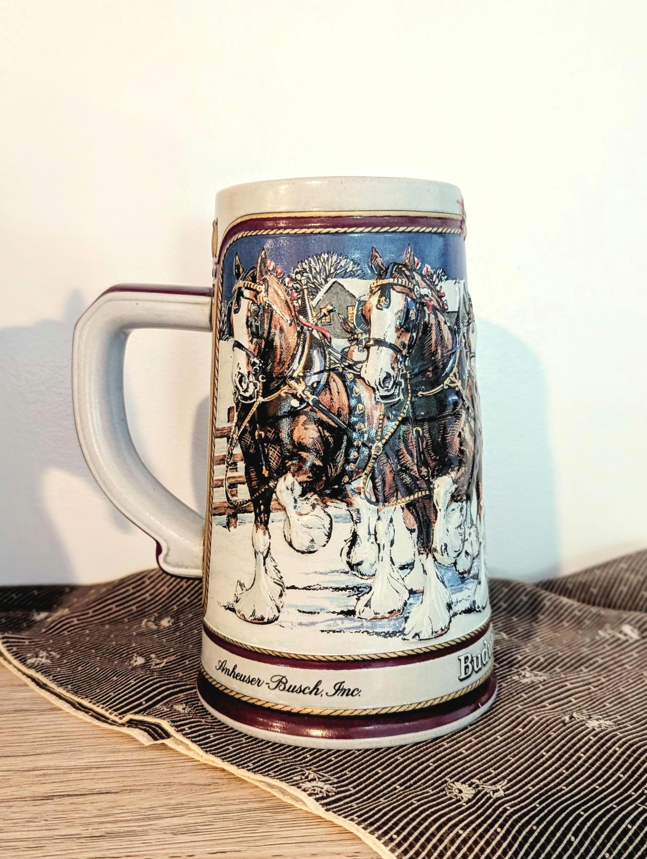 1989 Vintage Budweiser Clydesdales Holiday Beer Stein, Handled