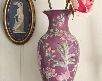 Vintage Chinoiserie Floral Ceramic Vase, Pink, Purple, Mauve, Large