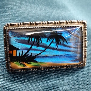 Vintage Thomas L Mott Real Butterfly Wing and Sterling Silver Tropical Silhouette Brooch