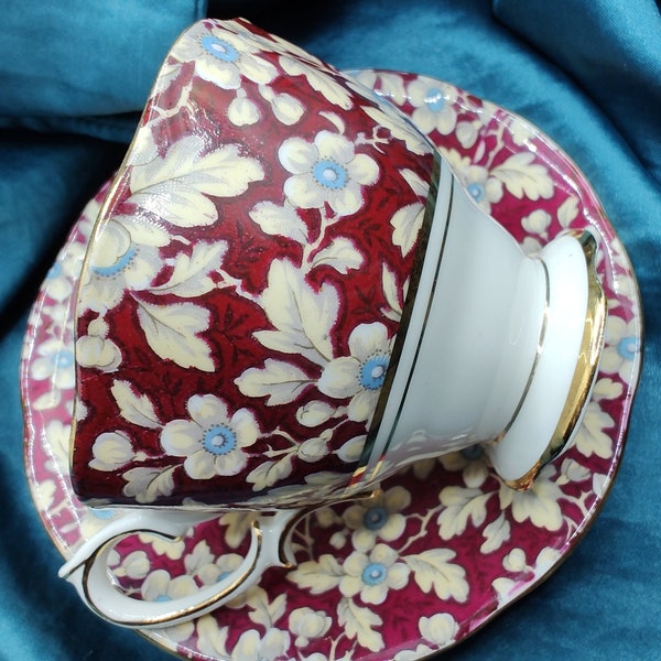 Vintage Royal Albert Dark Red and Blue Brocade Footed Teacup and Saucer