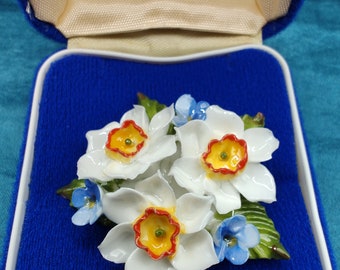 Vintage Aynsley Bone China narcis broche in originele doos