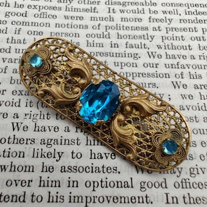Vintage Czech Gold Tone Filigree and Blue Topaz Paste Brooch