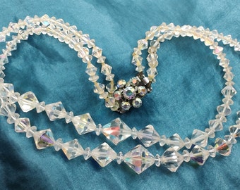 Vintage Mid-Century Double Strand Aurora Borealis Crystal Bead Necklace