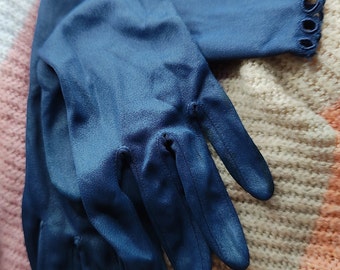 Vintage Dark Blue Nylon Gloves With Perforated Cuff Detail