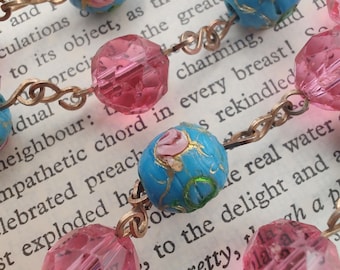 Vintage Blue Wedding Cake and Pink Faceted Glass Bead and Rose Gold Tone Wire Necklace