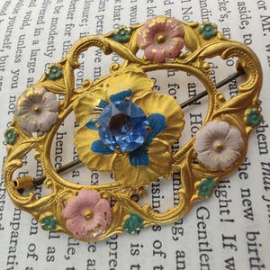 Vintage Gold Tone Enamel Painted Pressed Metal and Light Blue Stone Flower Brooch