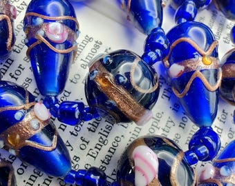 Collier vintage en perles de verre de Murano pour gâteau de mariage bleu cobalt