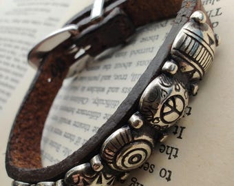 Vintage Brighton Harmony Silver Southwestern Style Silver Plated Medallion Studded Brown Leather Bracelet