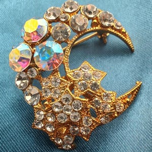 Vintage Kirk&#39;s Folly Aurora Borealis Crystal Moon and Stars Brooch